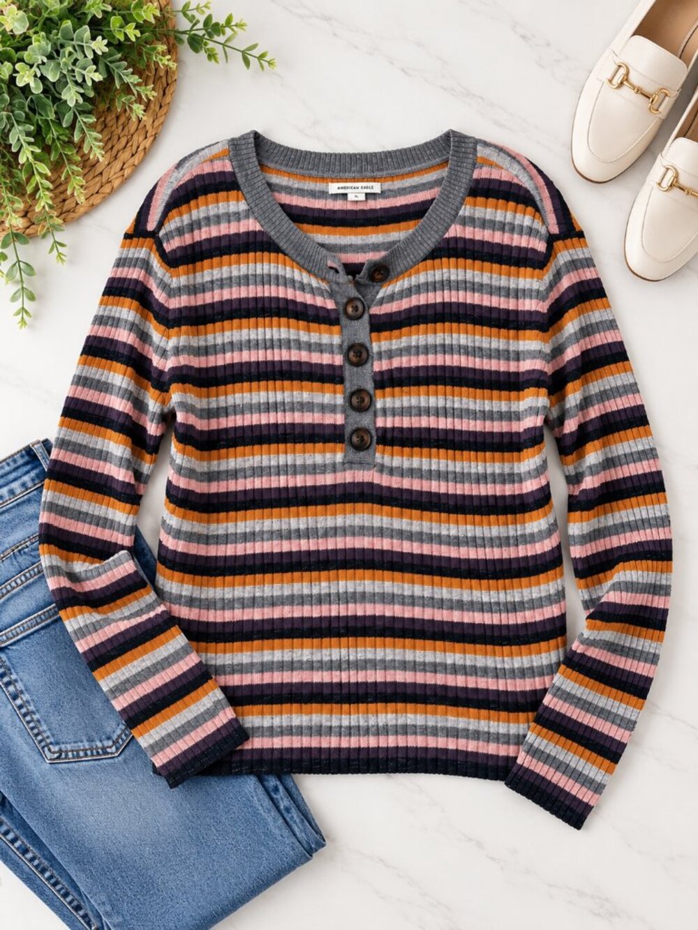American Eagle XL Striped Ribbed Henley Long Sleeve Sweater Top